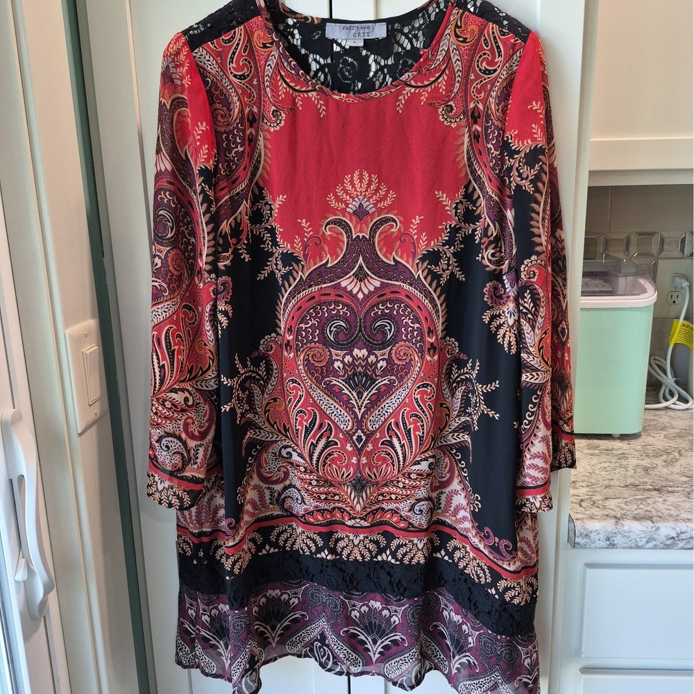 Ruff Hewn Grey Red Black Paisley Lace Shift Dress 3/4 Bell Sleeve Womens Large